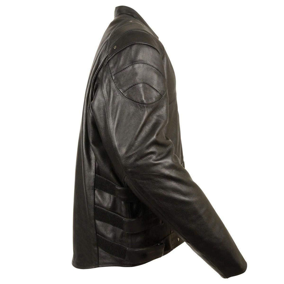 Milwaukee Leather Men's Assault Racer Black Leather Jacket with Triple Side Straps and Gun Pockets