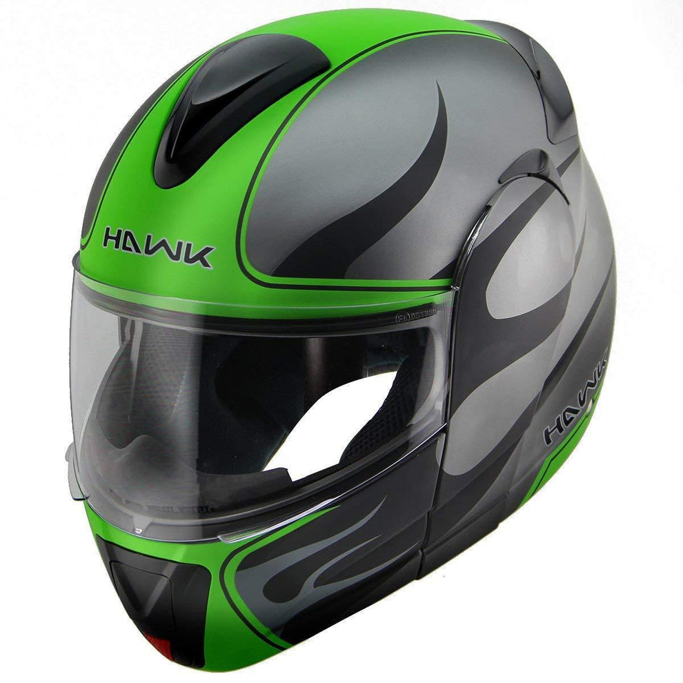 Hawk H-6661 'Blaze' Matte Grey/Green Dual-Visor Modular Motorcycle Helmet