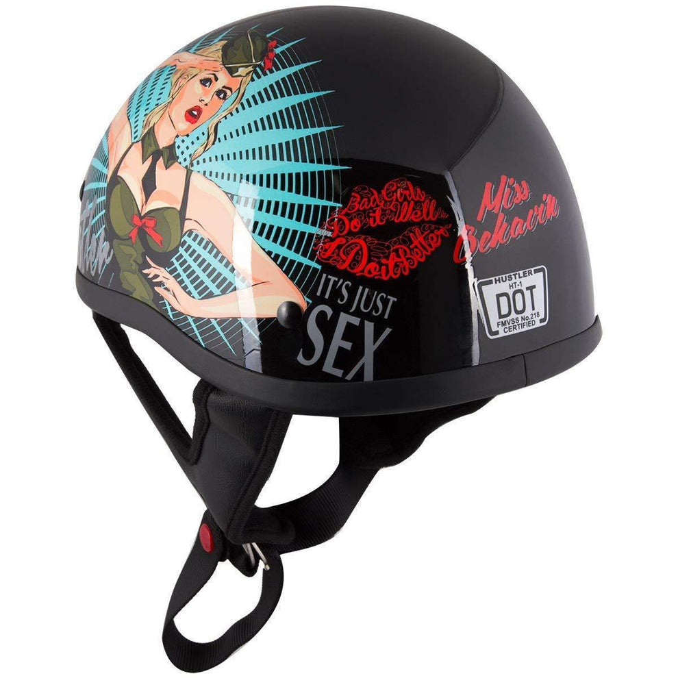 Hustler DOT HT-1 'It's Just Sex' Black Glossy Motorcycle Skull Cap Half Helmet