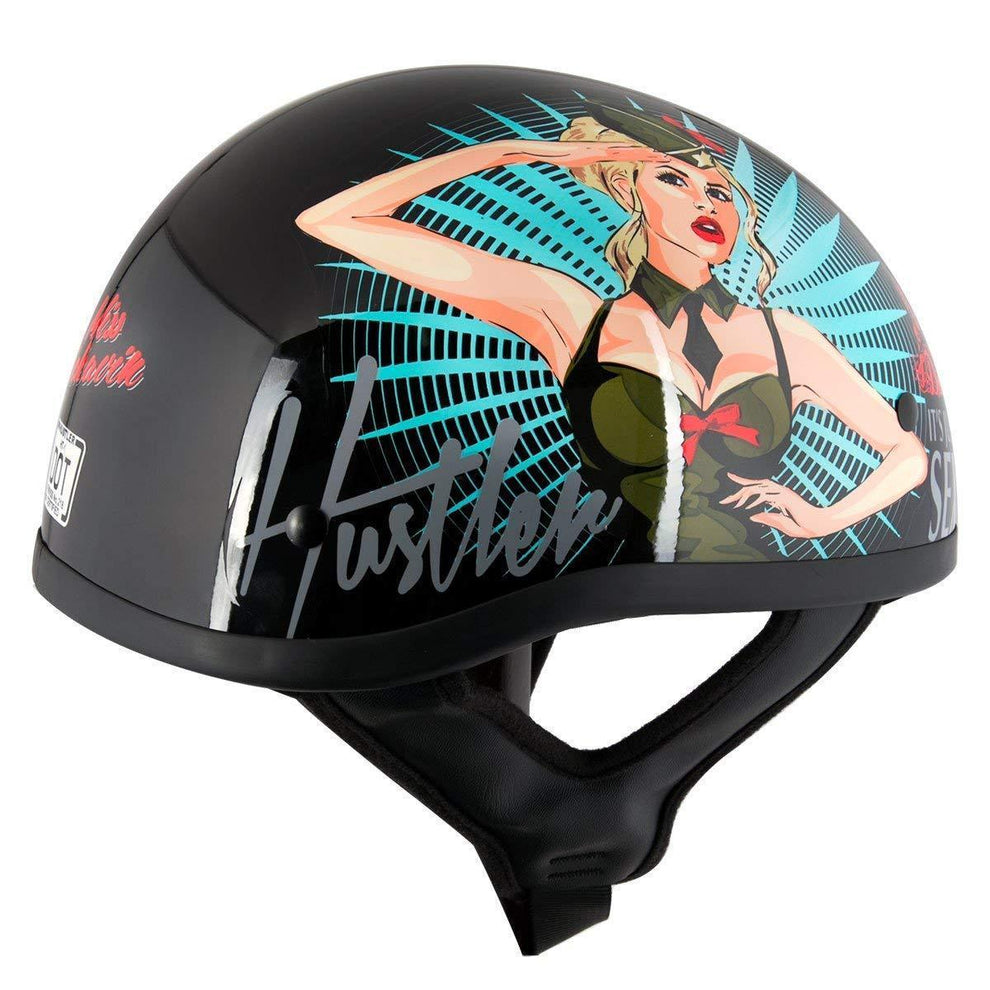 Hustler DOT HT-1 'It's Just Sex' Black Glossy Motorcycle Skull Cap Half Helmet