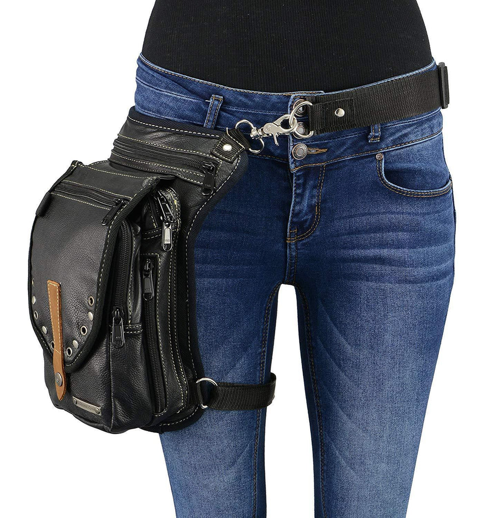 9.5X6.5X2 Conceal & Carry Black Leather Thigh Bag w/ Waist Belt