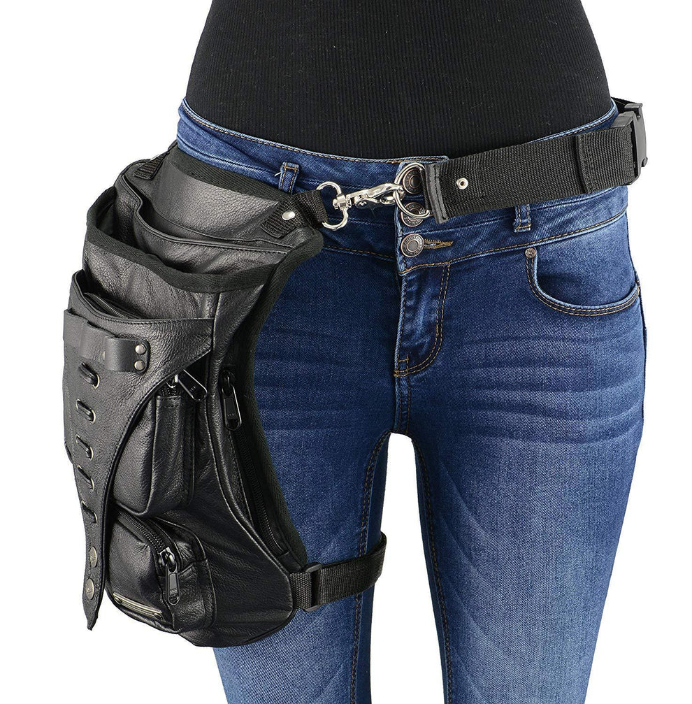 9.5X6.5X2 Conceal & Carry Black Leather Thigh Bag w/ Waist Belt