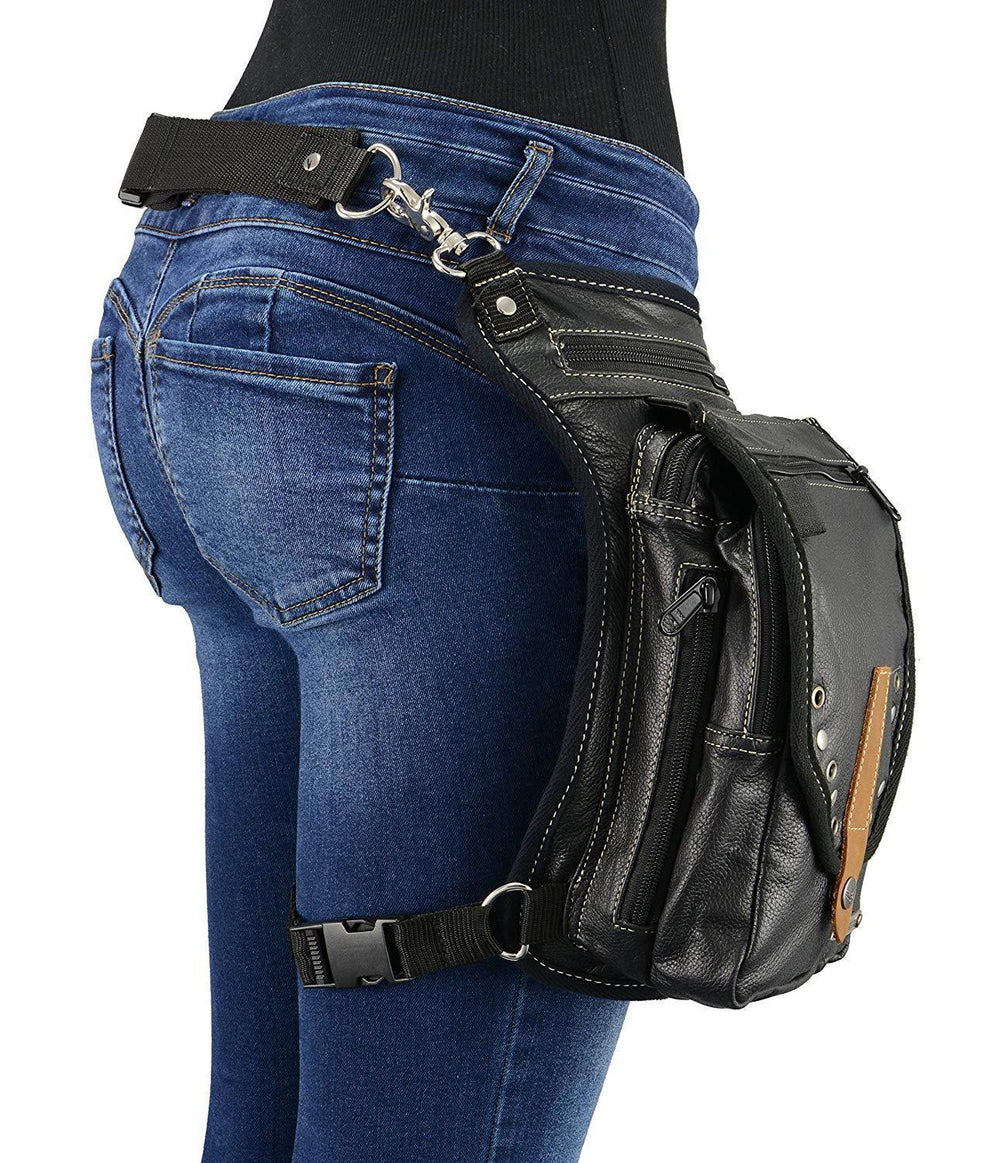 9.5X6.5X2 Conceal & Carry Black Leather Thigh Bag w/ Waist Belt