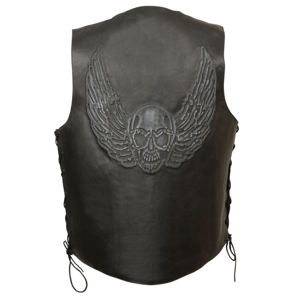 Event Leather-ELM3905-Men's Black Side Lace Leather Vest w/ Skull & Wings