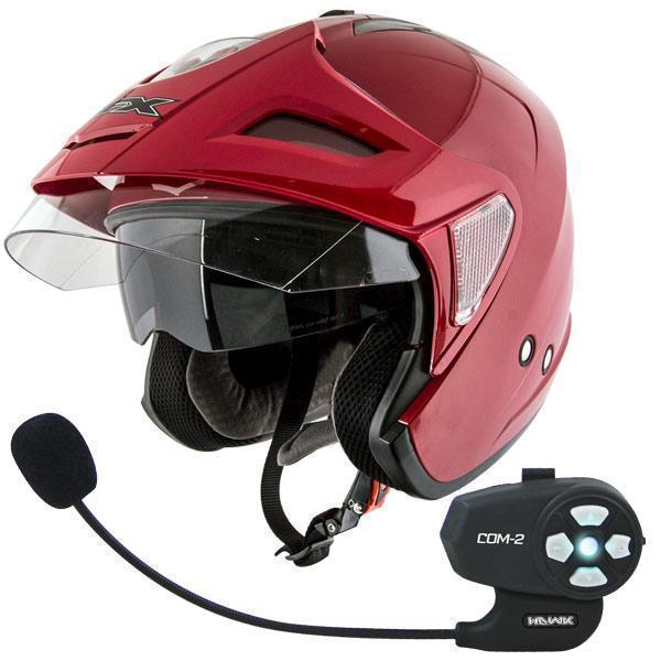 AFX FX-50 Red Dual Visor Open Face Motorcycle Helmet with Hawk COM-2 Bluetooth Headset