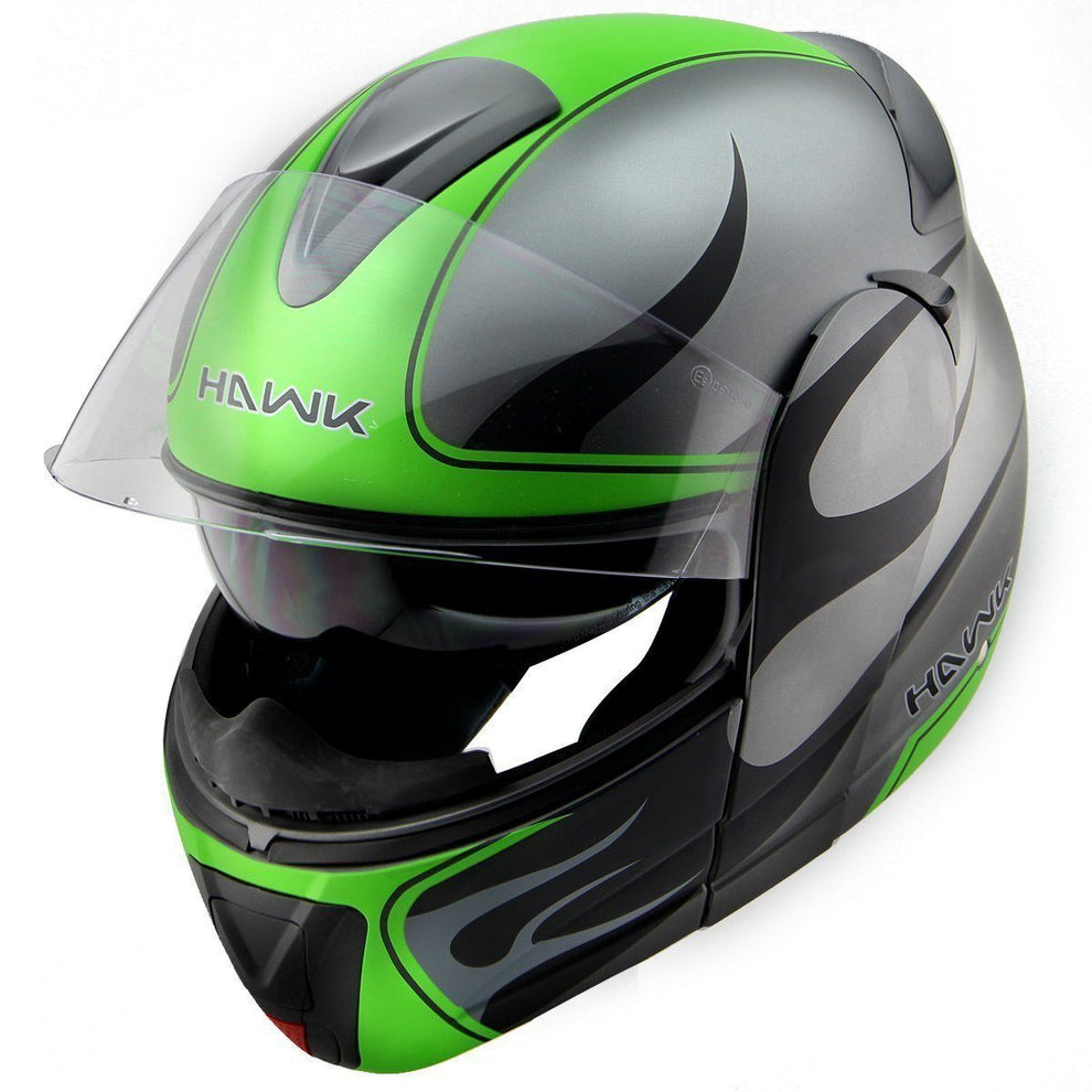 Hawk H-6661 'Blaze' Matte Grey/Green Dual-Visor Modular Motorcycle Helmet