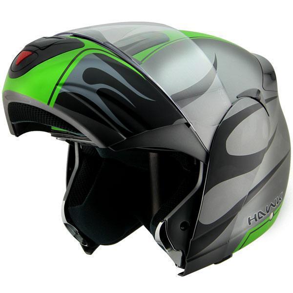 Hawk H-6661 'Blaze' Matte Grey/Green Dual-Visor Modular Motorcycle Helmet