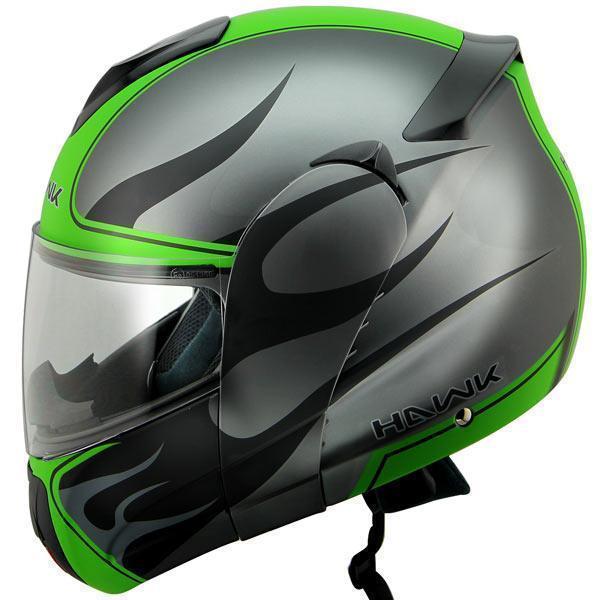 Hawk H-6661 'Blaze' Matte Grey/Green Dual-Visor Modular Motorcycle Helmet