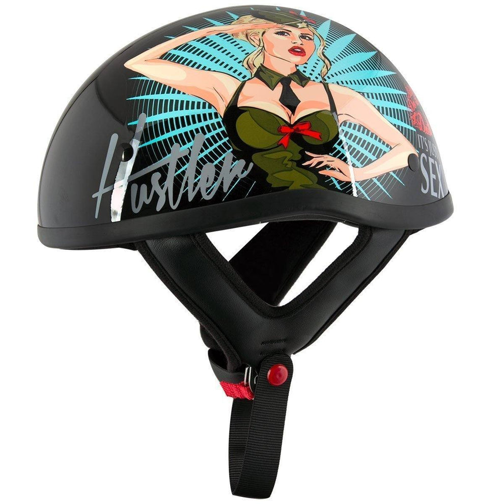 Hustler DOT HT-1 'It's Just Sex' Black Glossy Motorcycle Skull Cap Half Helmet