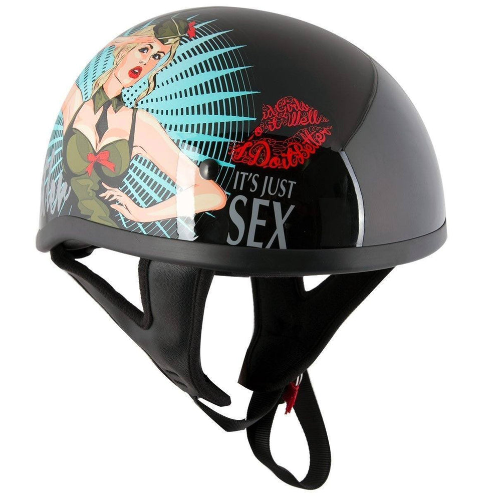 Hustler DOT HT-1 'It's Just Sex' Black Glossy Motorcycle Skull Cap Half Helmet