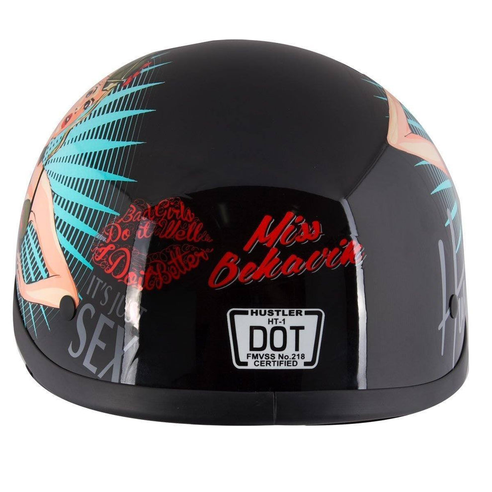 Hustler DOT HT-1 'It's Just Sex' Black Glossy Motorcycle Skull Cap Half Helmet