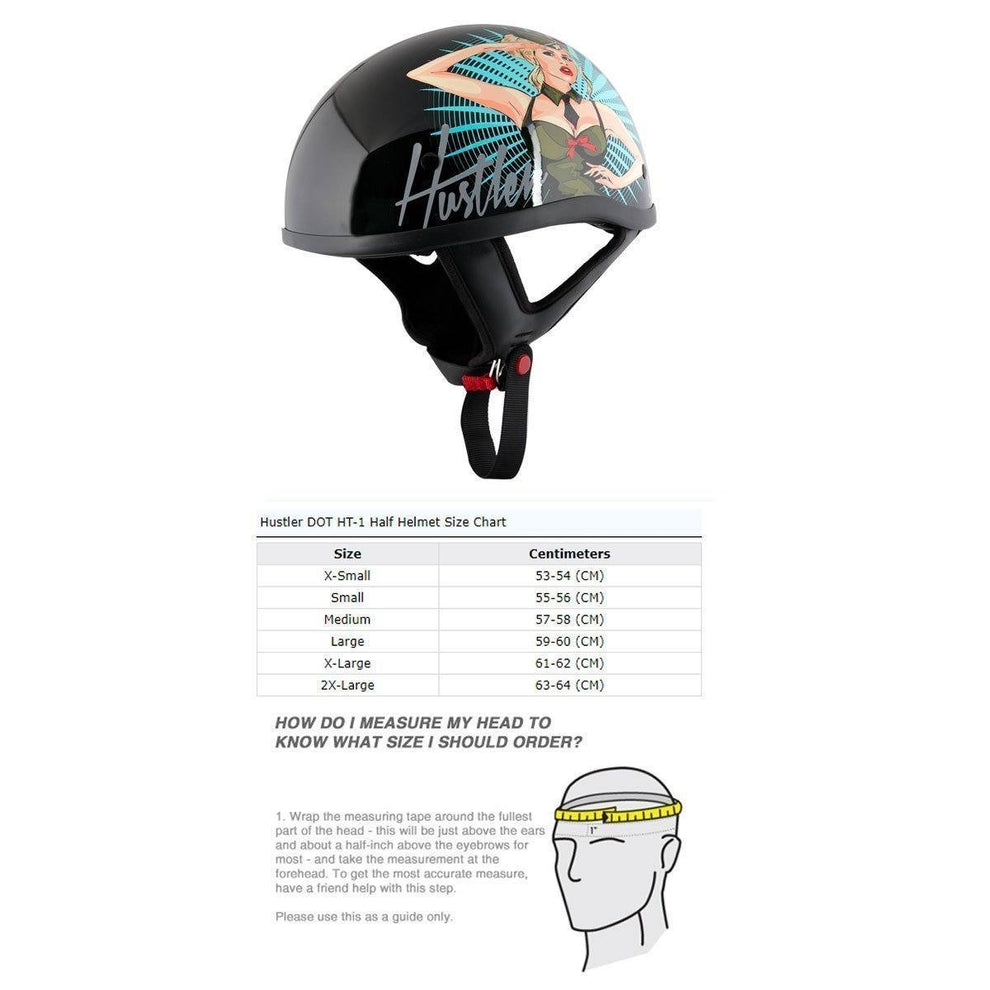 Hustler DOT HT-1 'It's Just Sex' Black Glossy Motorcycle Skull Cap Half Helmet