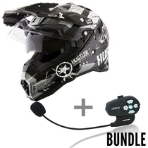 Hustler Hardcore Since 1974 Dual Sport Black and White Helmet with Hawk Com 2 Bluetooth System Bundle
