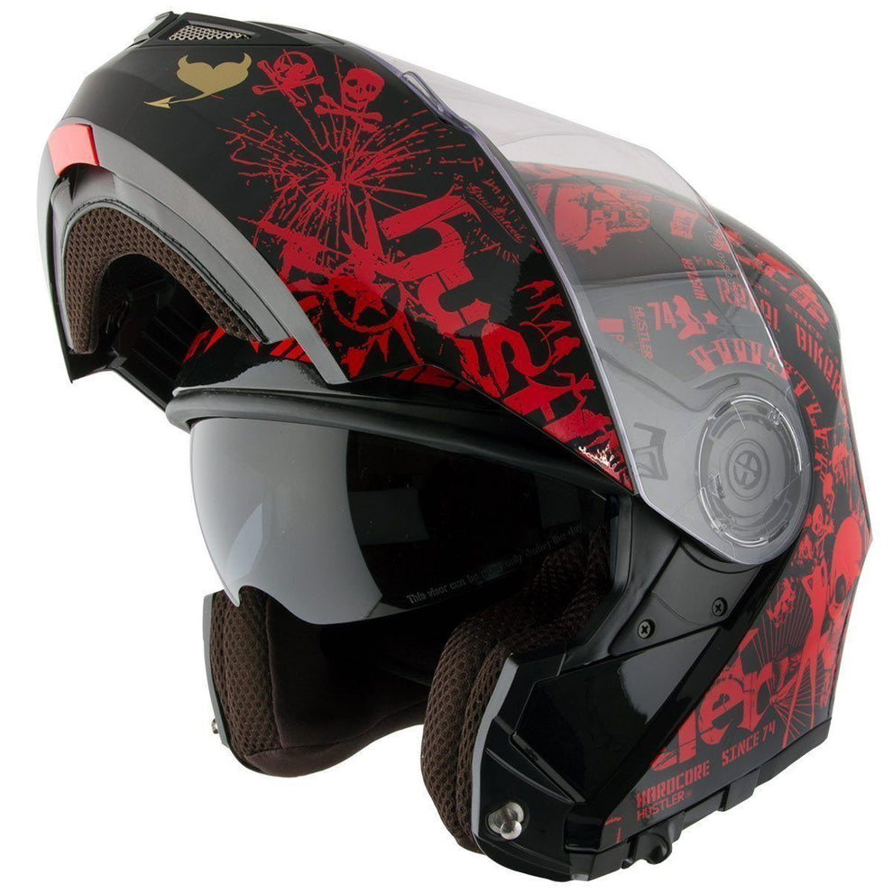 black and red motorcycle helmet bluetooth Hustler HT-65 'Hardcore' Black and Red Modular Helmet with Hawk Com 2 Bluetooth System