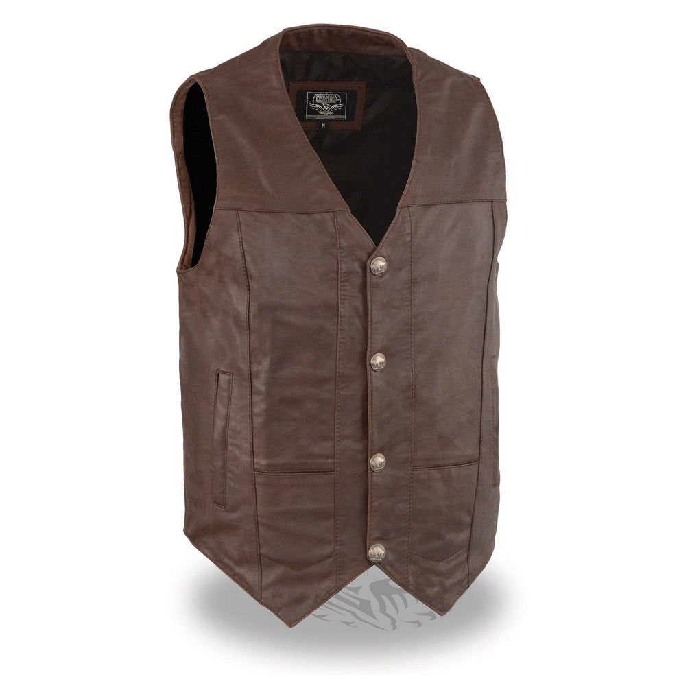 Milwaukee Leather LKM3702 Men's Broken Brown Western Style Plain Side Leather Vest with Buffalo Snaps