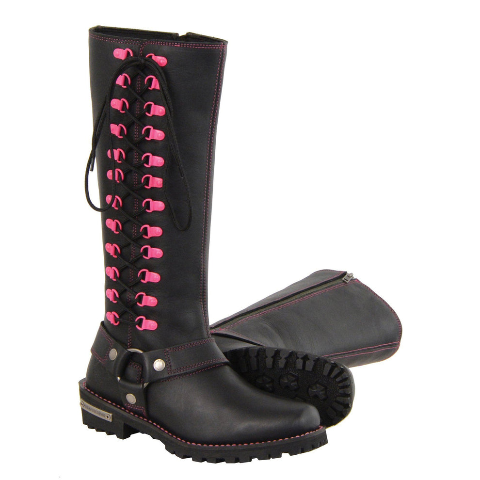 Milwaukee Leather Boots MBL9367 Ladies  14  Inch Leather Harness Boots with Fuchsia Accent Lacing