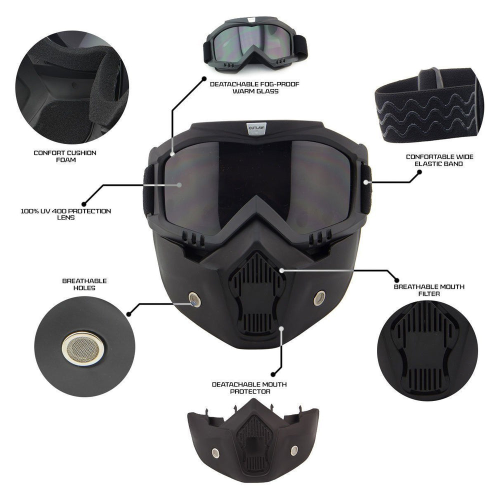 Hustler DOT HT-1 Ride Hard Dark Gray Glossy Skull Cap Helmet with Outlaw 50 'Nemesis' Vintage Face Mask