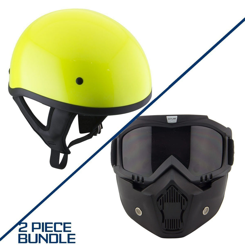 Outlaw T68 DOT Glossy High-Vis Yellow Half Helmet with Outlaw 50 'Nemesis' Vintage Face Mask with Detachable Motorcycle Goggles