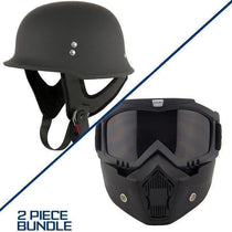 Outlaw T-75 German Style Flat Black Half Helmet with Outlaw 50 'Nemesis' Vintage Face Mask with Detachable Motorcycle Goggles