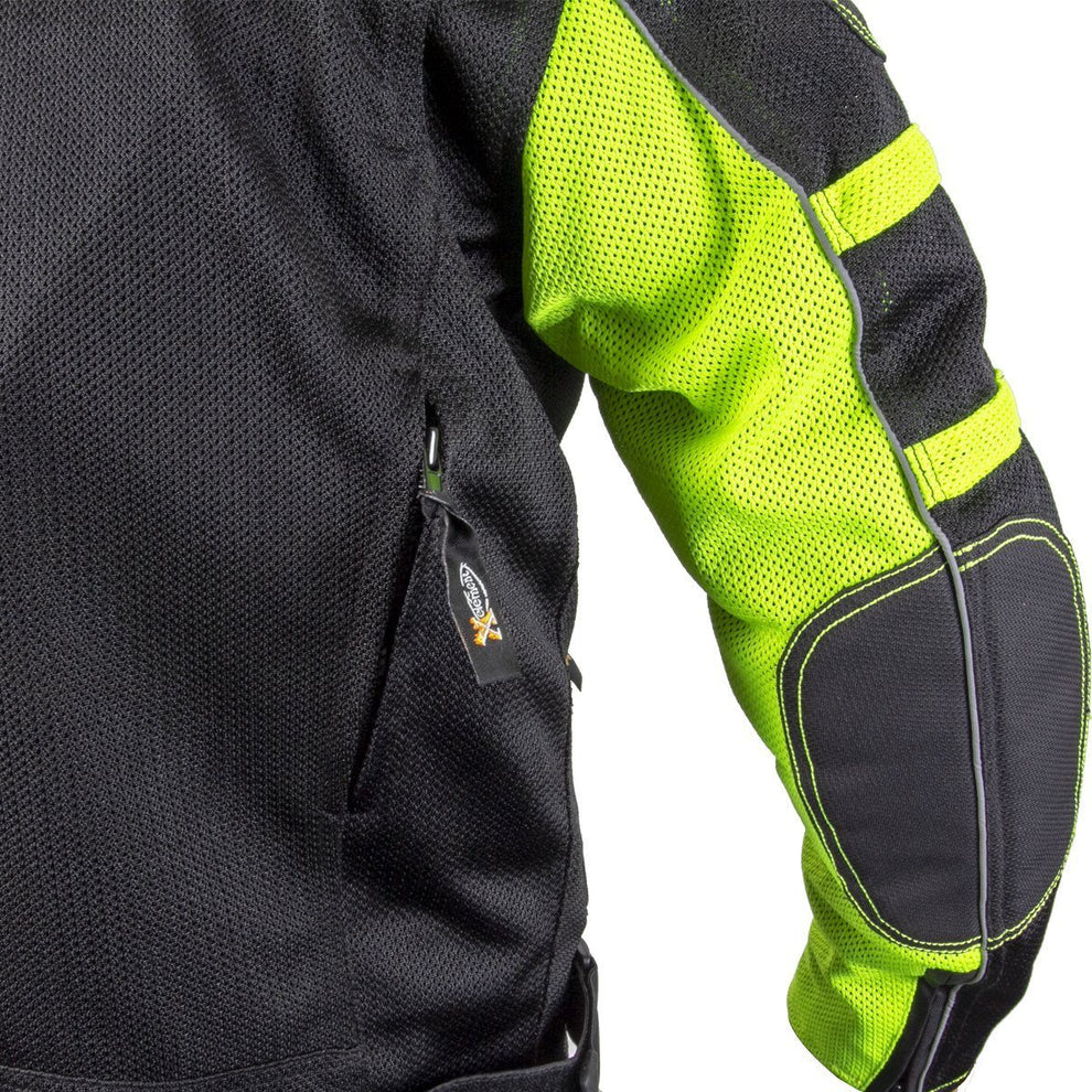 Xelement XS6550 'Fumes' Men's Black and High-Viz All Weather Mesh Level 3 CE Armored Motorcycle Jacket