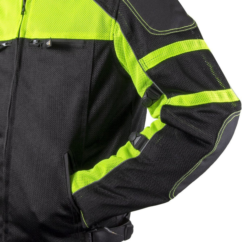 Xelement XS6550 'Fumes' Men's Black and High-Viz All Weather Mesh Level 3 CE Armored Motorcycle Jacket