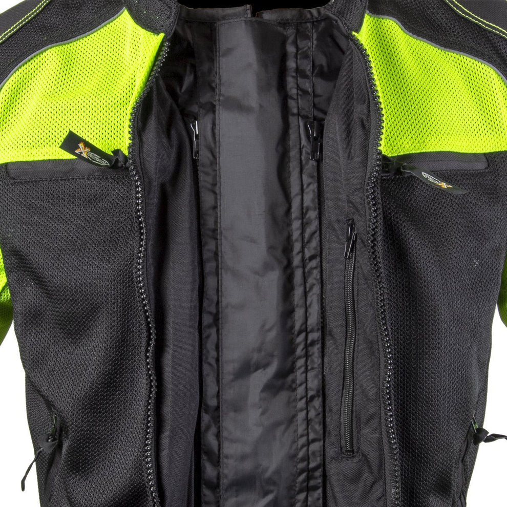 Xelement XS6550 'Fumes' Men's Black and High-Viz All Weather Mesh Level 3 CE Armored Motorcycle Jacket