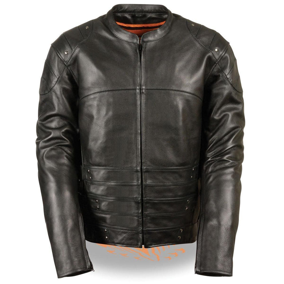 Milwaukee Leather Men's Assault Racer Black Leather Jacket with Triple Side Straps and Gun Pockets